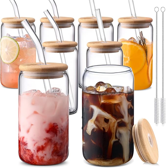 DWTS DANWEITESI Glass Cups with Lids and Straws 8 pcs,16 oz Glass Iced Coffee Cups with Lids-Clear Glass Coffee Cups,Cute Glass Cups for Coffee Bar Accessories Gifts