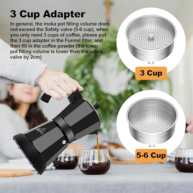 Electric Aluminum Moka Pot 5-6 Cup 270ml Espresso Maker with Detachable Base Ideal Coffee Makers for Home MochaPot Italian and Cuban Café Coffeemaker Espressomaker CoffeePot Black