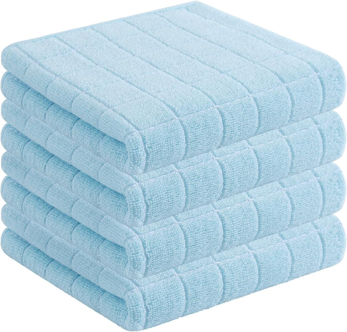 Homaxy 100% Cotton Terry Kitchen Towels(Sky Blue, 13 x 28 inches), Checkered Designed, Soft and Super Absorbent Dish Towels, 4 Pack