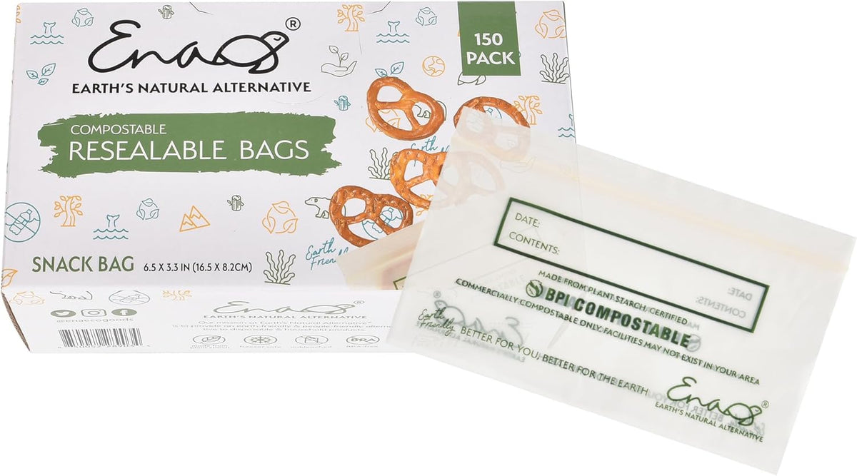 100% Compostable Food Storage Bags [Snack 150 Pack] Eco-Friendly Freezer Bags, Resealable Bags, Heavy-Duty, Reusable, Off-White by Earth's Natural Alternative
