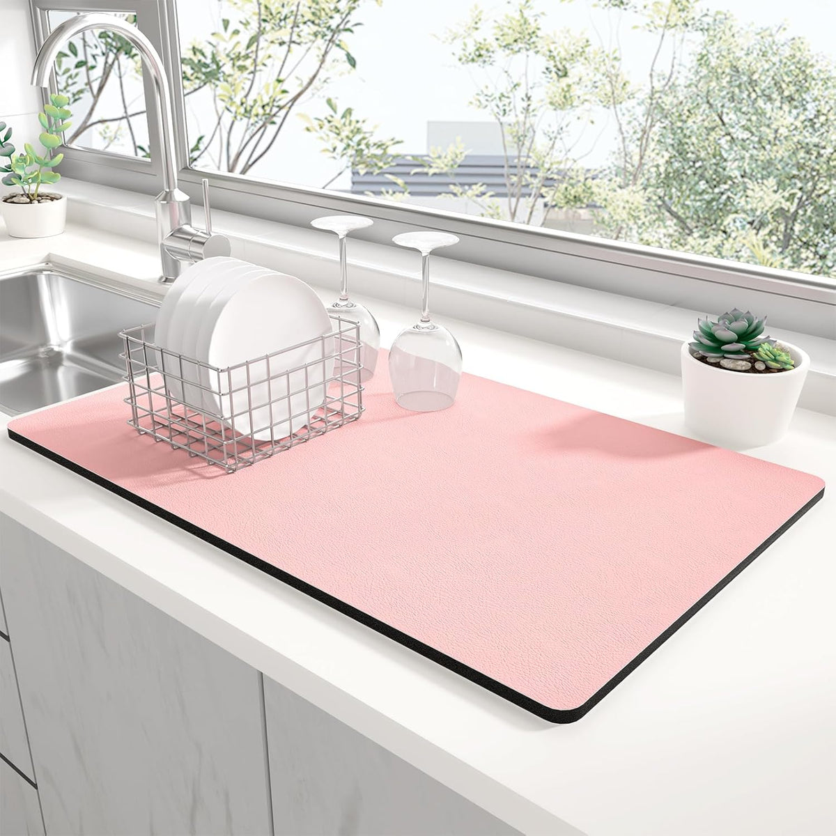 Rnivvi Dish Drying Mat for Kitchen Counter, XL 15 x 24" Super Absorbent Drainer Pad Easy Clean Dish Rack Pad, Non-Slip Heat Resistant Coffee Bar Mat for Coffee Machine Station Accessories Decor, Pink