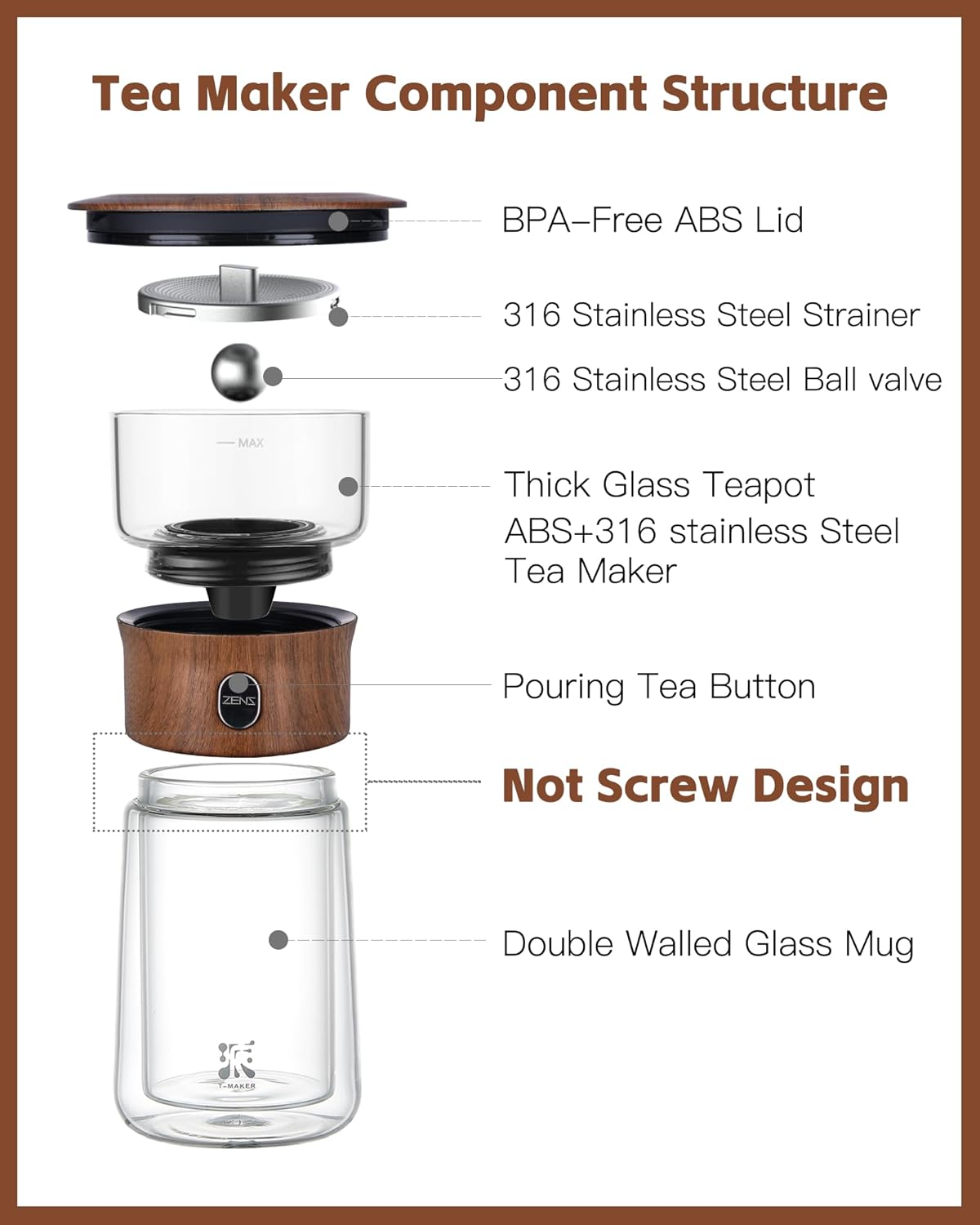 ZENS Modern Glass Infuser Teapot, One Touch Tea Maker for Loose Leaf Tea with Insulated Mug and Portable Case. Enchanted Pot Alternatives for Tea Lover Gifts