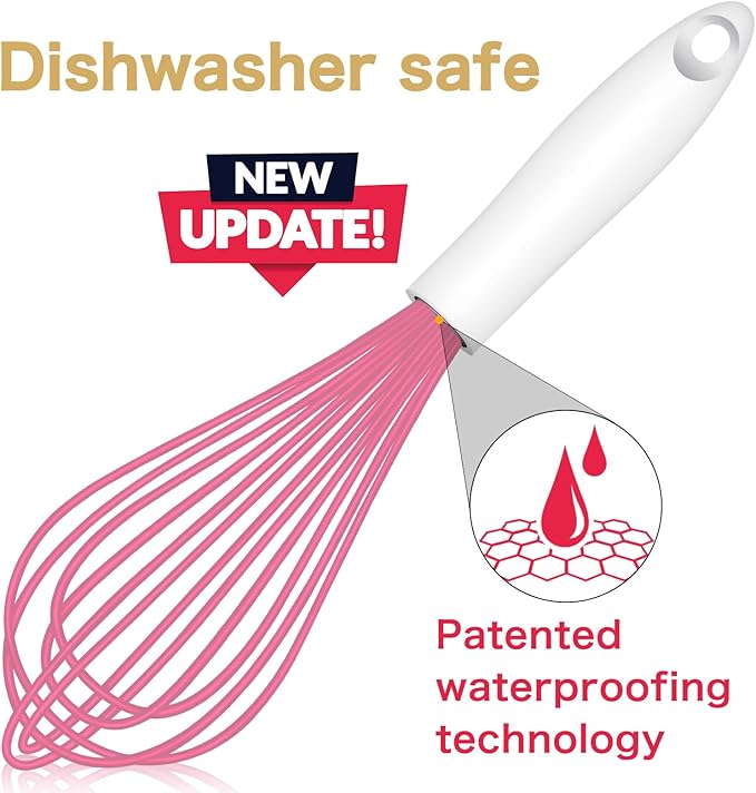 Pink Silicone Whisk, Sealed Waterproof Design Set of 3, Professional Kitchen Whisks for Cooking Non-Scratch, Silicone&Stainless Steel Whisk, Heat Resistant 480°F Rubber wisk, BPA free
