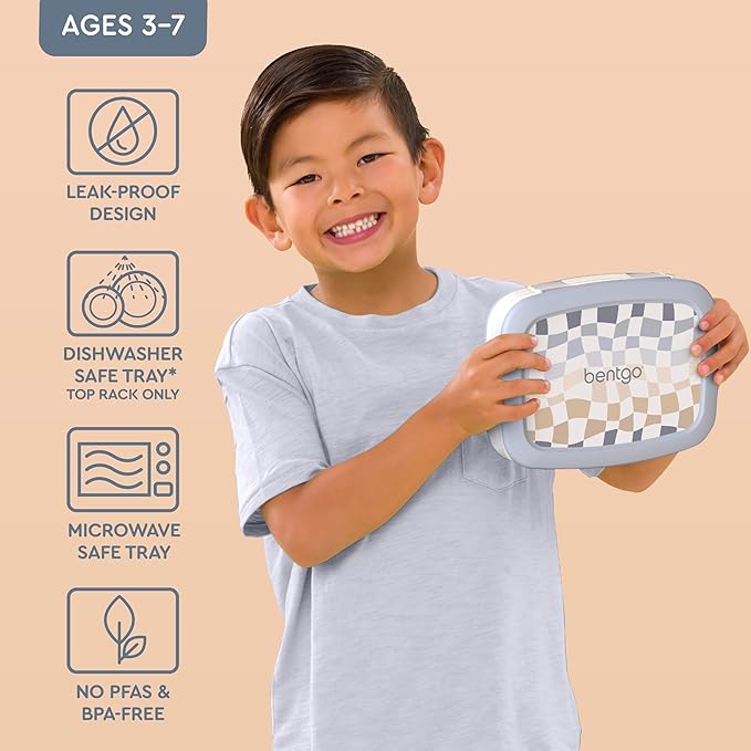 Bentgo Kids 5-Compartment Leak-Proof Bento-Style Lunch Box (Whimsy & Wonder Collection) - Ideal for Ages 3-7, Drop-Proof & Durable, Dishwasher Safe, & PFAS & BPA-Free Materials (Checker Gradient)