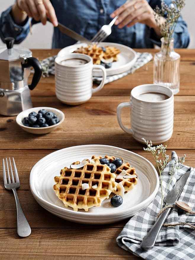 LE TAUCI Dinnerware Sets 16 PCS, Stoneware Plates and Bowls Set, House Warming Wedding Present, Serve for 4 (10" Dinner Plates + 8" Salad Dish + 28 oz Cereal Bowl+12oz coffee mugs) x 4, Arctic White