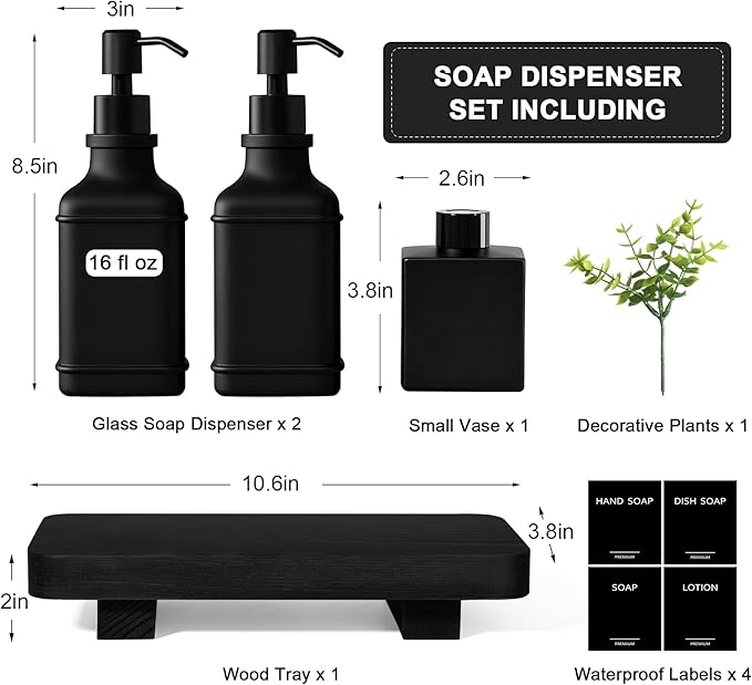 Modern Kitchen Soap Dispenser Set with Wood Tray, Black Glass Soap Dispenser with Pump, Decorative Hand and Dish Soap Dispenser Set, Soap and Lotion Dispenser Upgrade for Kitchen and Bathroom Decor