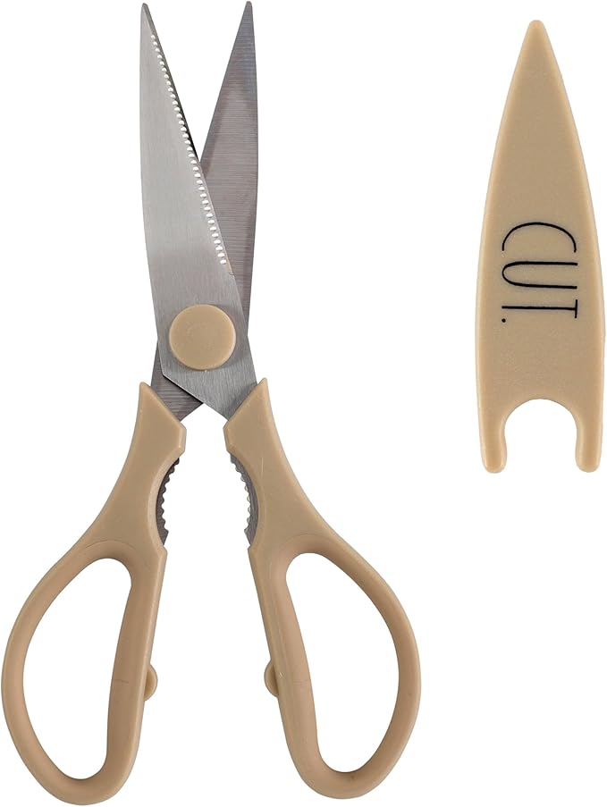 Rae Dunn Kitchen Scissors- Stainless Steel Kitchen Shears, Cooking Scissors for Cutting Meat, Chicken, Herbs and Produce with Blade Cover and Soft Grip Handles (Brown)