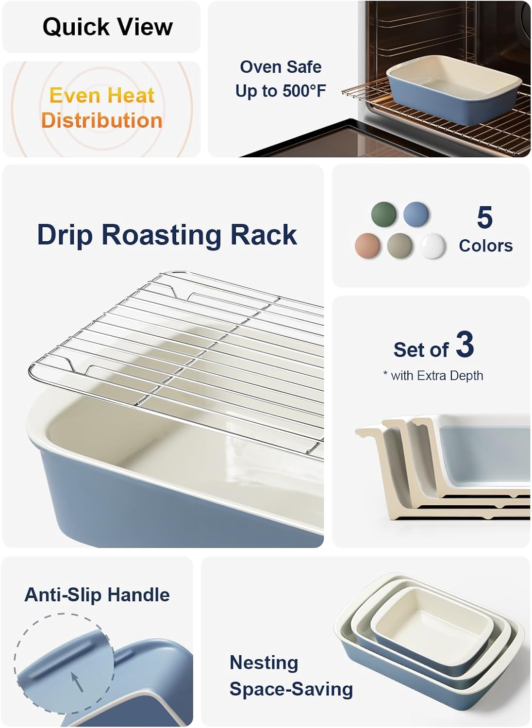 LE TAUCI Deep Casserole Dishes for Oven, 13.7”x9.6” Ceramic Baking Dish Set with Roasting Racks, Large Lasagna Pans with Handles, Rectangular Bakeware as Gift for Mom, Dusty Blue (4.6QT/3.0QT/1.6QT), Set of 3