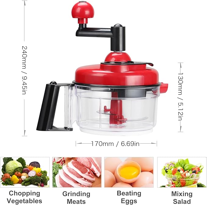 Cambom Manual Food Chopper Vegetable Chopper Hand Food Processor, Mixer, Blender, Whipper, Egg White Separator, Mincer, Grinder, Dicer with Clear Container 1200ml BPA Free Strong