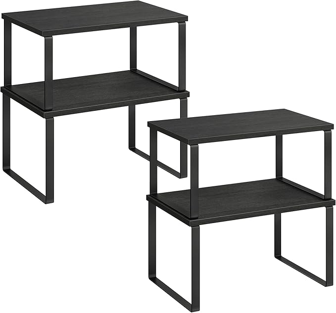 SONGMICS Cabinet Organizer Shelf, Set of 4 Kitchen Counter Shelves, Kitchen Storage, Spice Rack, Stackable, Expandable, Metal and Engineered Wood, Ink Black and Ebony Black UKCS027B01