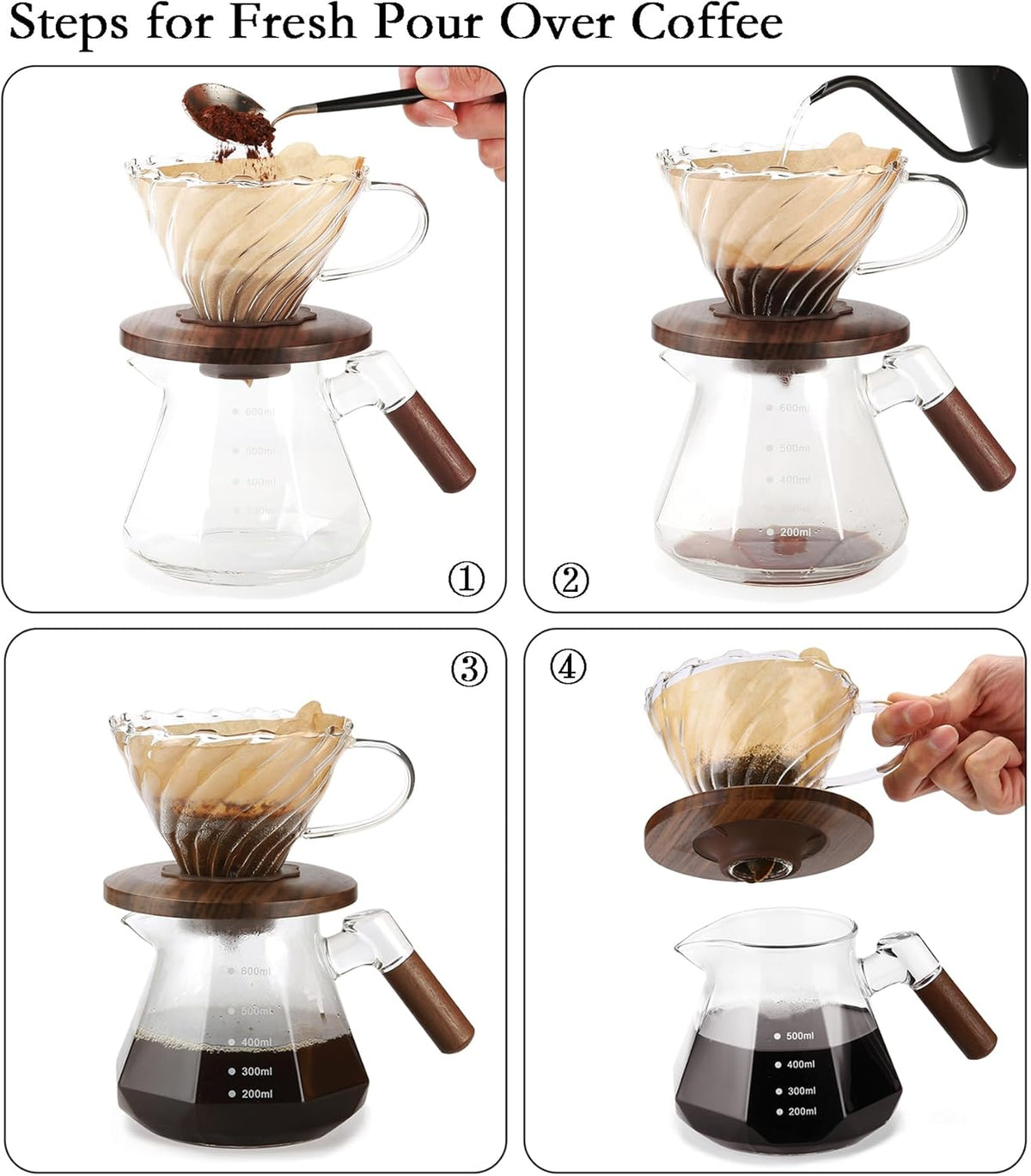Pour Over Coffee Dripper with 100 pcs of Size 02 Paper Filter, Borosilicate Glass & Walnut Collar, Drip Coffee Maker, 1-3 Cups, Clear (Coffee Dripper)