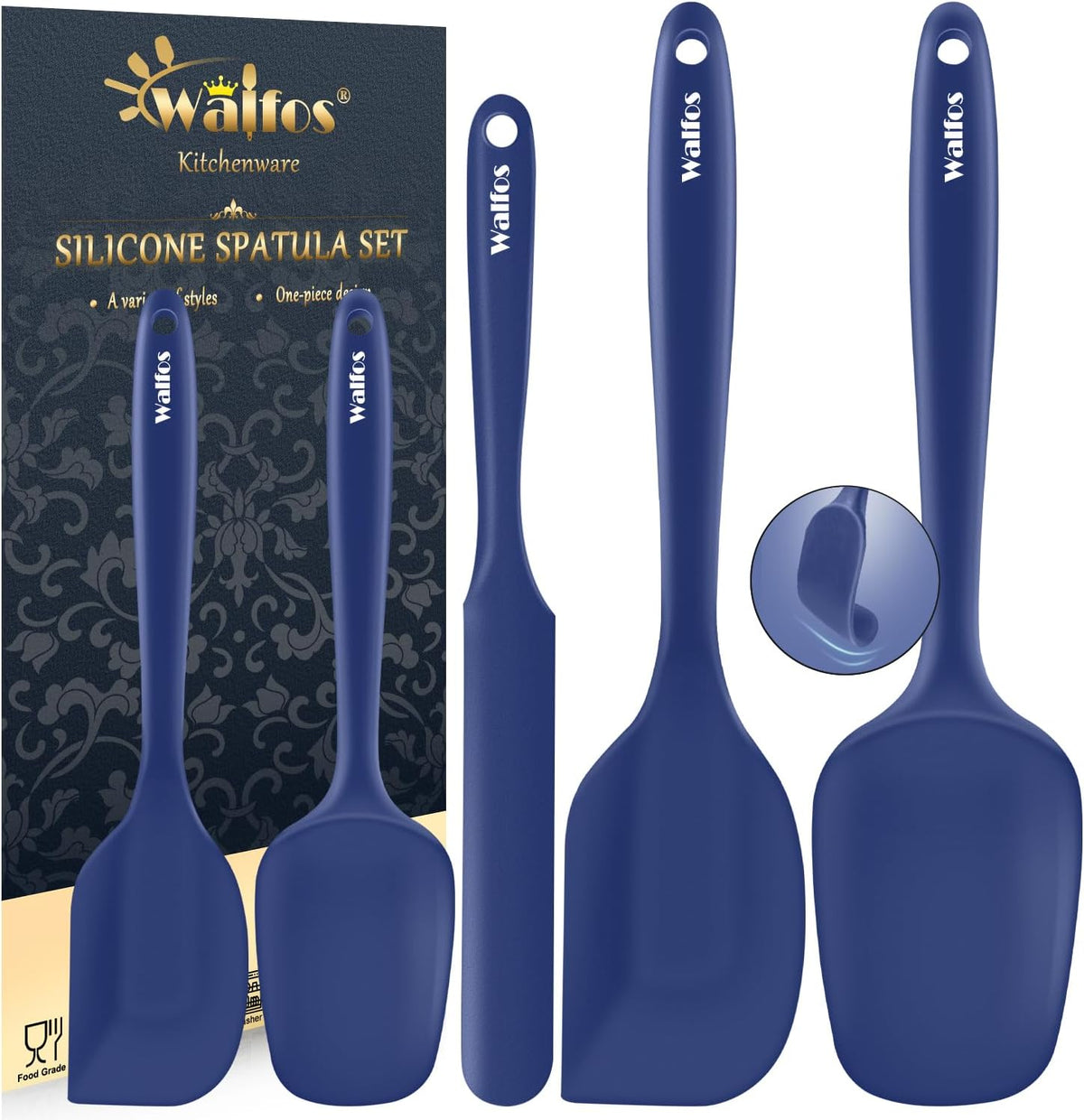 Walfos Silicone Spatula Set (5pcs) - 600℉ High Heat Resistant Kitchen Spoon Navy Blue Spatulas for Cooking Mixing & Baking, Strong Steel Core and One-Pieces Seamless Design, BPA Free Dishwasher Safe