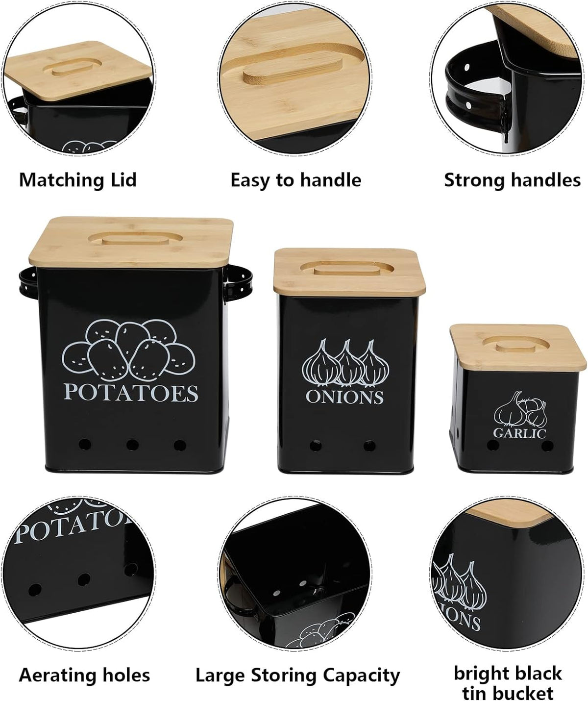 Kitchen Canisters Set, Storage Bin for Potato Onion & Garlic, 3 Pack Set Countertop Pots Containers with Wooden Lid - Potato Storage, Garlic Bin, Onion Keeper Tin with Aerating Holes-Black