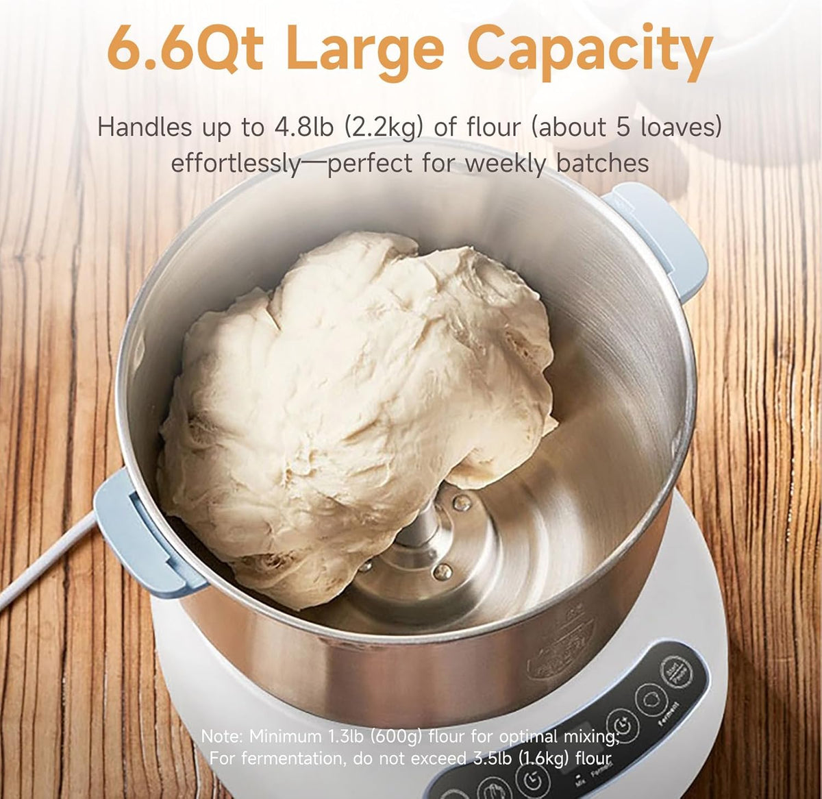 Joydeem Electric Dough Maker with Ferment Function, Microcomputer Timing, Face-up Touch Panel, 6.6Qt, 304 Stainless Steel, JD-HMJ7L