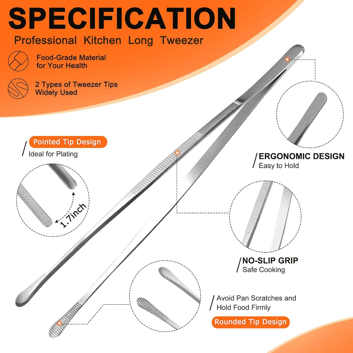 2Pcs 12-inch Kitchen Tweezers for Cooking, Kitchen Tweezer Tongs, Fine Stainless Steel Cooking Utensils Set for Steak, Salad, Pasta, Bacon, Sausage, BBQ, Toast, Aquarium, Silver, Achiwish