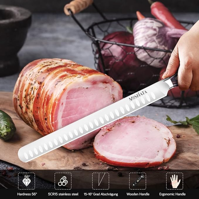 MOSFiATA 12" Slicing Carving Knife –BBQMeat Cutting Knife-Forged High Carbon German Steel – Ergonomic Handle Design-With Gift Box