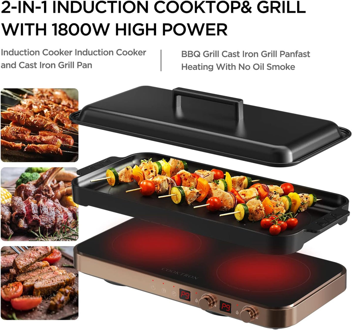Portable Compact 2 Burner Induction Cooktop Electric Stove w/Smokeless Cast Iron Griddle Grill & Temperature Control & Child Lock, Rose Gold