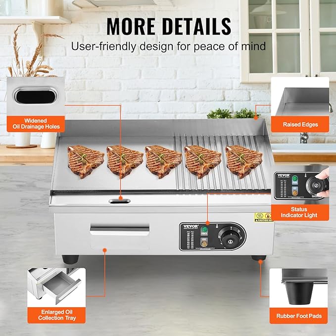 VEVOR Commercial Electric Griddle, 1600W Countertop Half-Flat Top Grill, 22in Stainless Steel Griddle Grill with 2 Shovels and 2 Brushes for Home or Restaurant, 122℉-572℉ Adjustable Temp