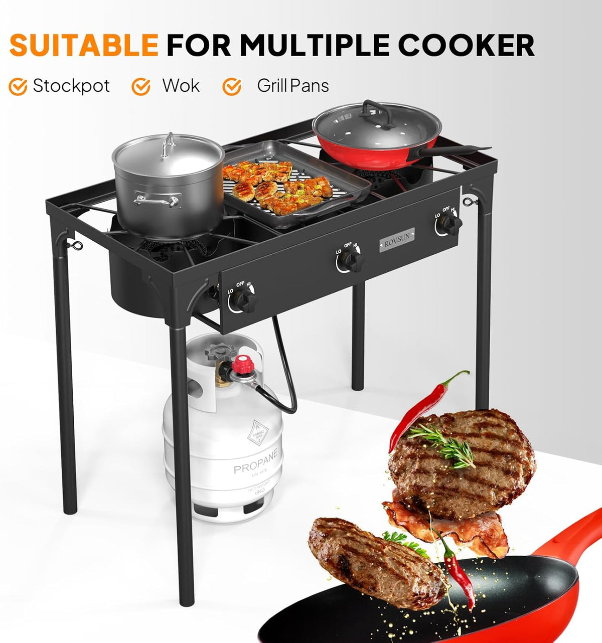 ROVSUN 3 Burner Propane Gas Stove, 225,000 BTU High Pressure Outdoor Camping Burner with CSA Listed Regulator, Picnic Cooker Perfect for Home Brewing Maple Syrup Patio Turkey Frying Canning