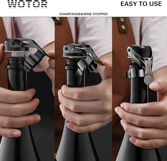 WOTOR Champagne&Wine Bottle Stoppers Stainless Steel with Food Grade Silicone, Leak Proof Keep Fresh Reusable Saver, Cork Suitable for Wine, Champagne, Cava, Prosecco and Sparkling (8 Pack Black）