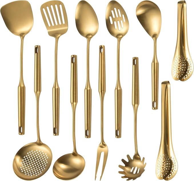 304 Stainlss Steel Matte Kitchen Utensils Set, 11 Pcs Long Metal Cooking Utensil Gadgets Tools Set with Spatula, Spoon, Ladle, Skimmer, Tunner, Pasta Server, Tongs(Gold, Dishwasher Safe)