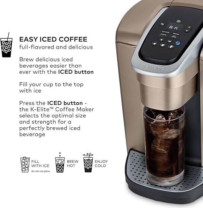 Keurig K-Elite Single Serve K-Cup Pod Coffee Maker, with Strength and Temperature Control, Iced Coffee Capability, 8 to 12oz Brew Size, Programmable, Brushed Gold