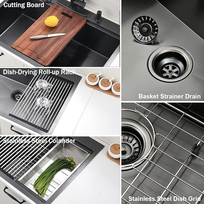 33 Inch Black Drop In Kitchen Sink Workstation - VOKIM 33x22-Inch Drop In Sink Stainless Steel Top Mount 16 Gauge Single Bowl 10'' Deep Handmade Kitchen sink with Cutting Board& Strainer