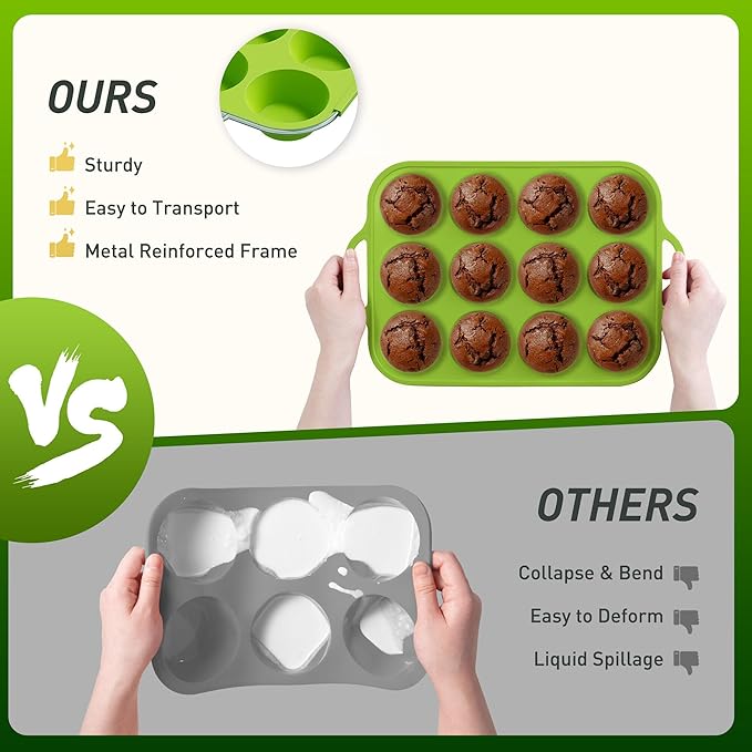 2 Packs 12 Cups Silicone Muffin Pan with Metal Reinforced Frame Regular Size Cupcake Pan Tray Egg Bites Silicone Circle Cookie Molds Muffin Tin Tart Pans Baking Sheet Set for Breakfast Sandwiches