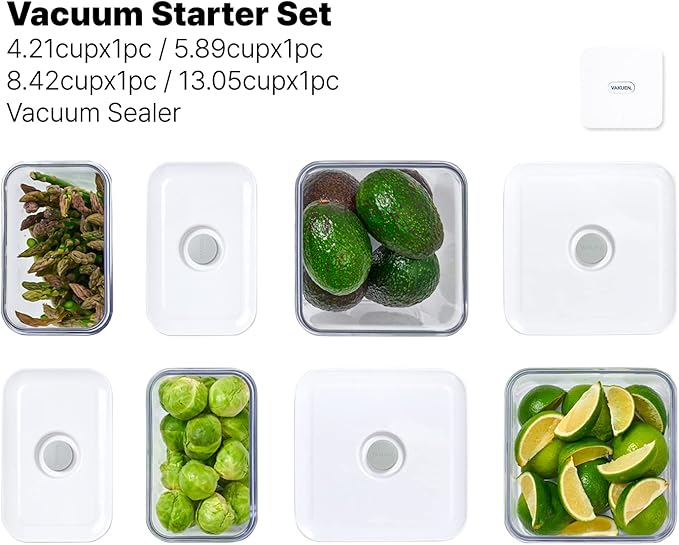 VAKUEN Premium Airtight Food Storage Containers & Vacuum Sealer Machine Starter Set, 4-piece Container with Sealer, 100% Leak Proof,Keep food fresh up to 5 times longer than non-vacuum strorage.