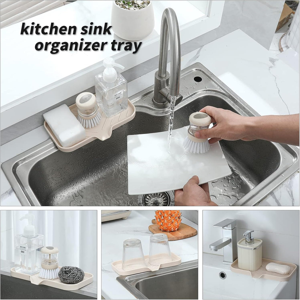 Silicone Bathroom Soap Dishes with Drain Spout-Bathroom and Kitchen Sink Organizer,Sponge Holder,Dish Soap Tray,Perfect for Dispenser,Scrubber,Bottle,Cup on Sink or Counter-Tapioca 9.6"×5.3"