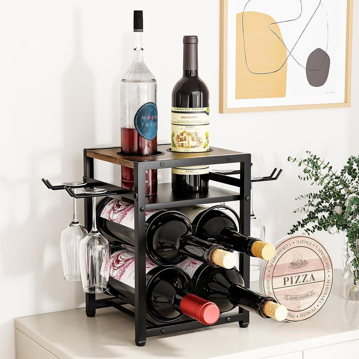 KLM Wine Rack Countertop, 6 Bottle 4 Glass Holder, Modern Wood Storage Stand with Tray, Black