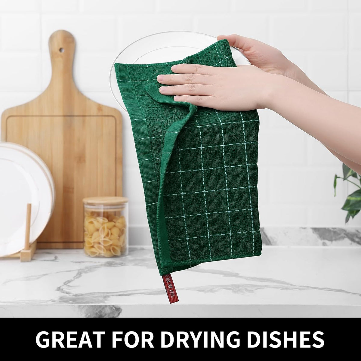 Homaxy 100% Cotton Terry Kitchen Towels(Dark Green, 13 x 28 inches), Checkered Designed, Soft and Super Absorbent Dish Towels, 4 Pack