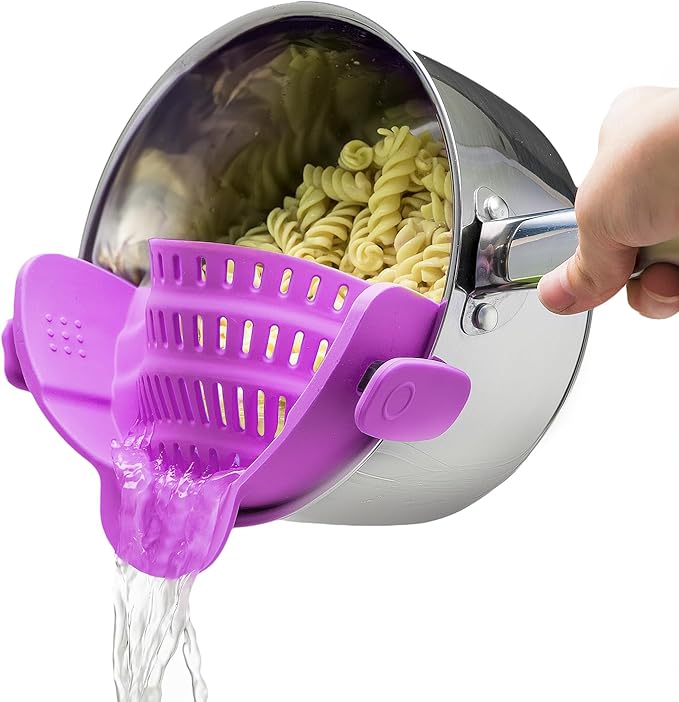 Kitchen Gizmo Snap N Strain Pot and Pasta Strainer - Strainers and Colanders - Adjustable Silicone Clip On Strainer for Pots, Pans, and Bowls - Kitchen Colander - Purple