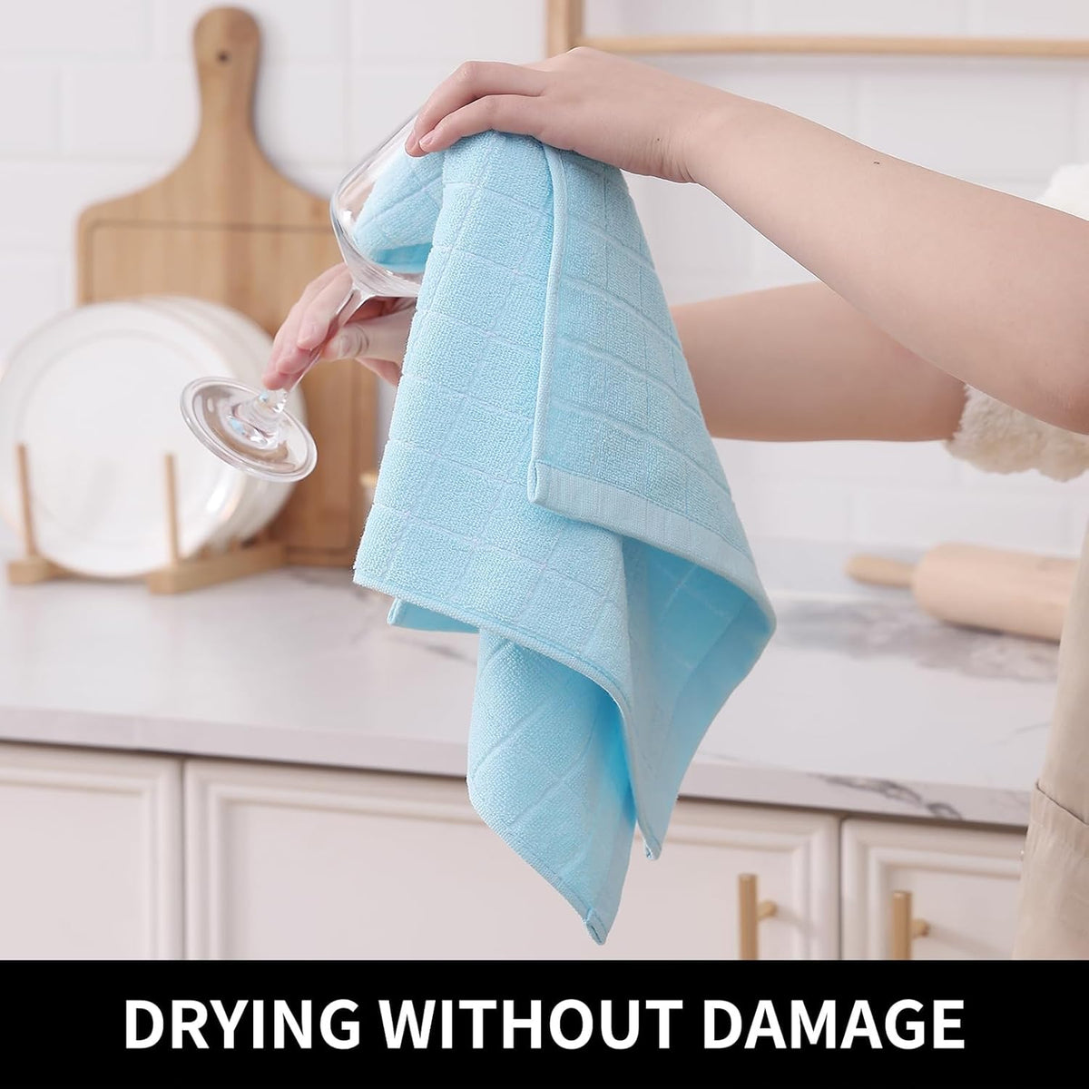 Homaxy 100% Cotton Terry Kitchen Towels(Sky Blue, 13 x 28 inches), Checkered Designed, Soft and Super Absorbent Dish Towels, 4 Pack