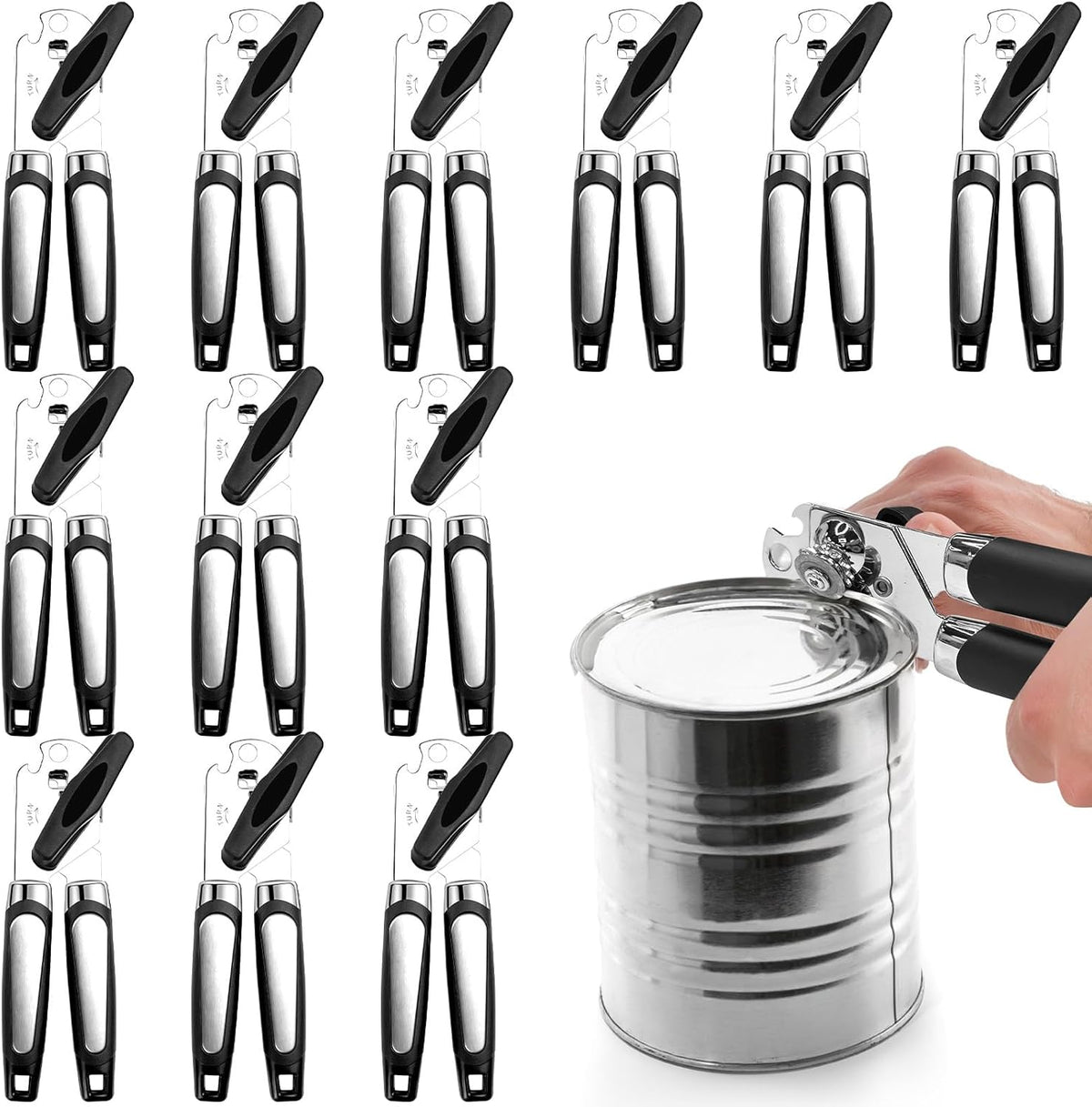 12 Pcs Can Opener Manual Multifunctional Tin and Can Opener Smooth Edge with Sharp Blade Hand Held Soft Grip Handle Bottle Opener Quick Opening Tool with Large Turn Knob for Kitchen