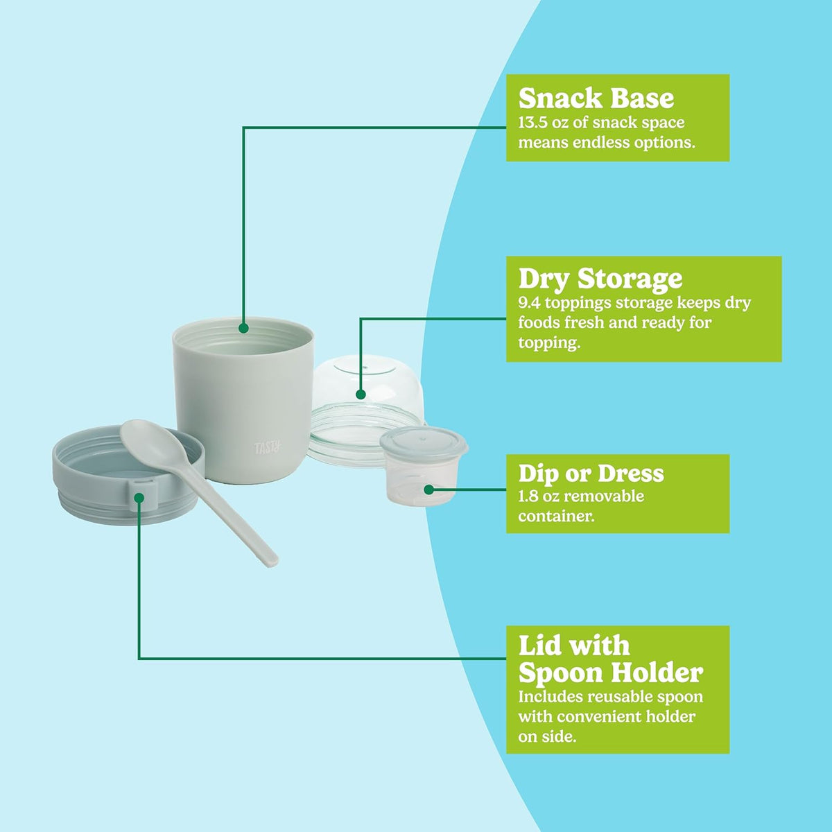 Tasty Travel Snack Cups with Spoons, On-The-Go Snacking, Divided Compartments, Great for Nuts, Cereal, Granola, Yogurt and More, Made Without BPA, 2-Pack, Aqua