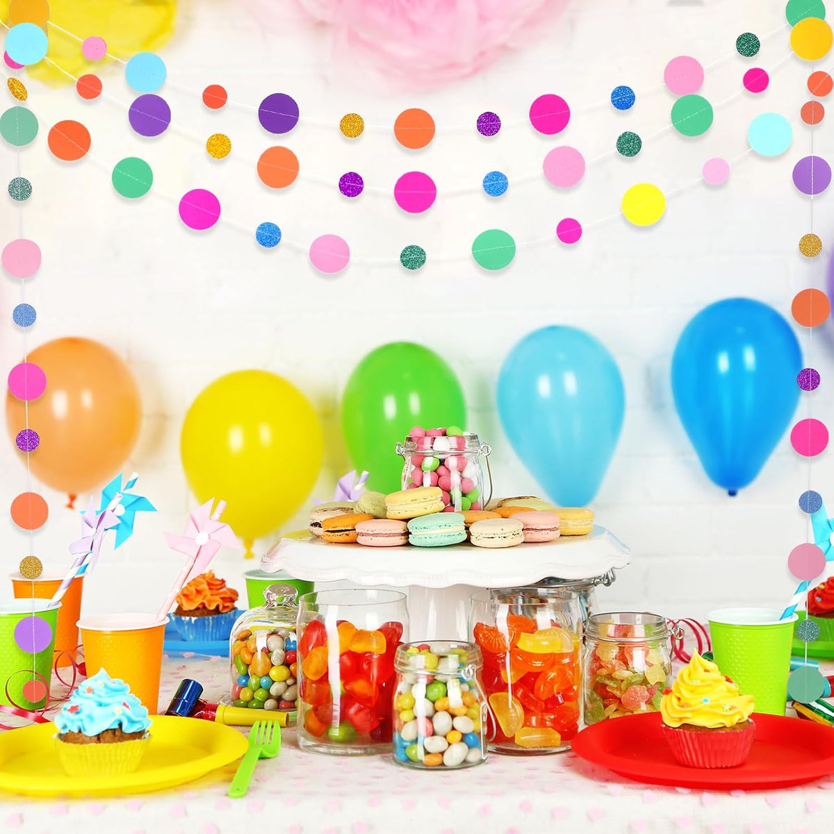 Outus 5 Pieces Colorful Dots Paper Garland Round Glitter Garland Hanging Confetti Streamers Backdrop Decoration for Birthday Classroom Candy Sprinkles Trunk or Treat Party (Rainbow)