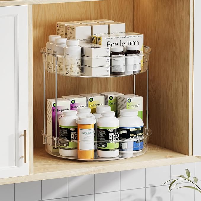 LAMU 2 Pack 2 Tier Lazy Susan Turntable Organizer 12inch Rotating Spice Rack Organization for Cabinet, Kitchen, Pantry, Countertop, Bathroom, Vanity, Medicine Cabinet Organizer, Clear