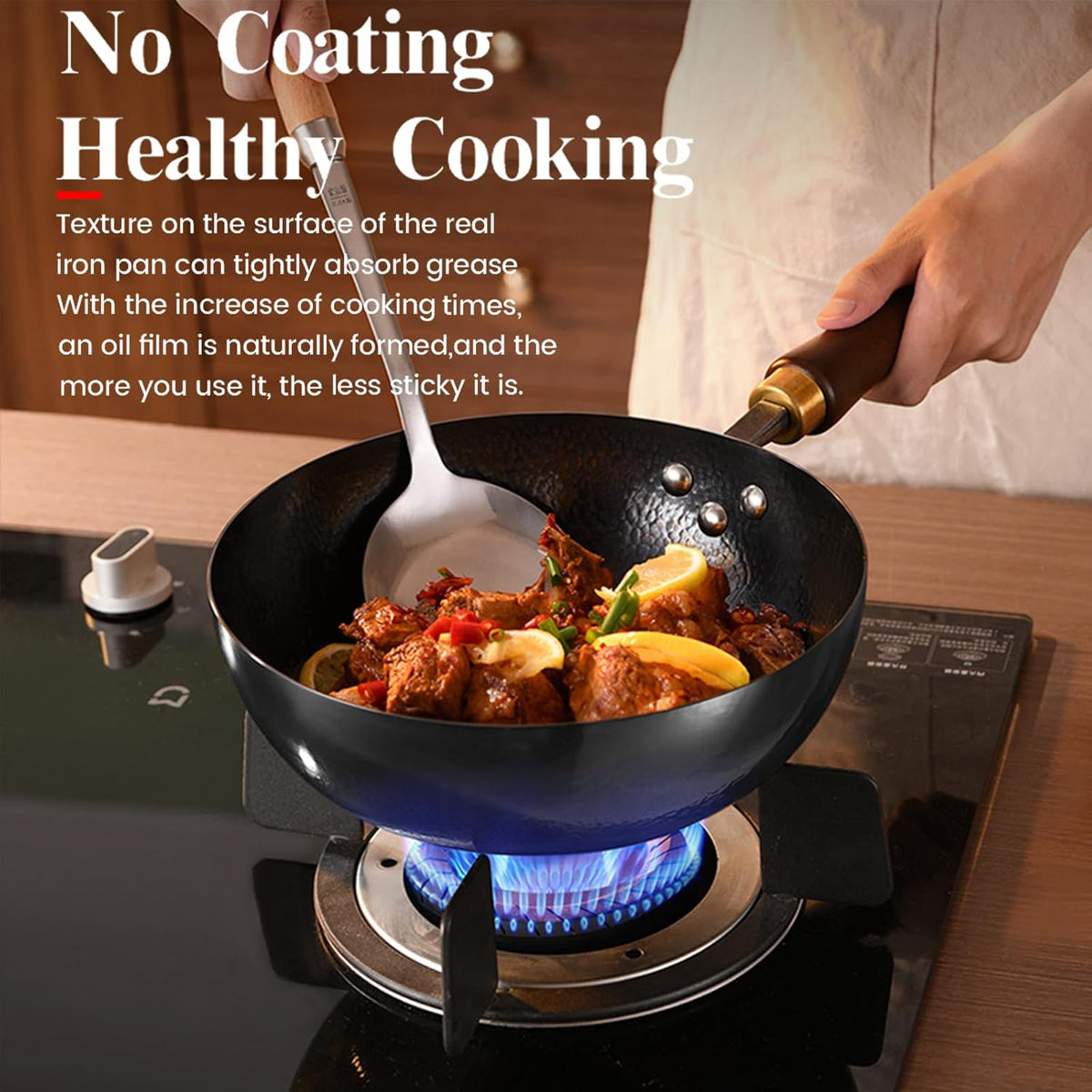 Carbon Steel Wok Pan, 9.5 “ Woks & Stir-Fry Pans with glass Lid Cookwares, Nonstick Wok, No Chemical Coated Flat Bottom Hand Hammered Chinese Wok For for Electric, Induction, for All Stoves