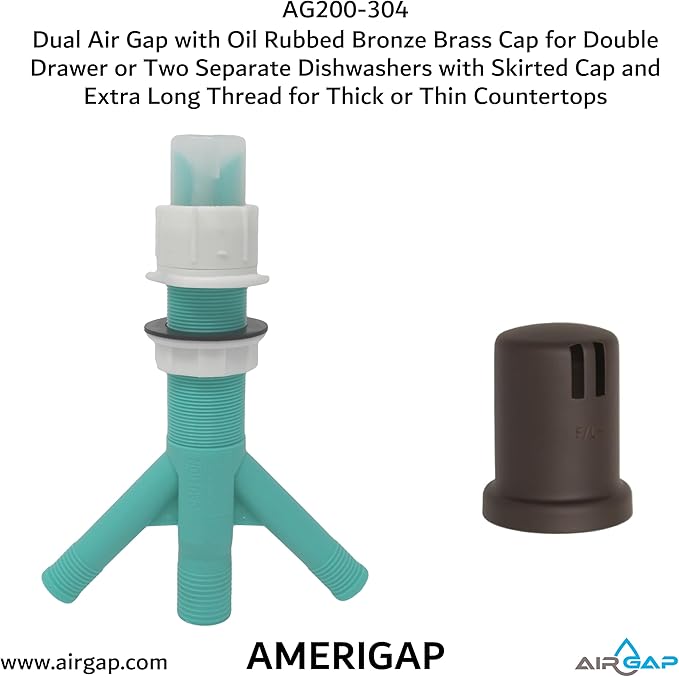 Dual Air Gap with Oil Rubbed Bronze Brass Cap for Double Drawer or Two Separate Dishwashers with Skirted Cap and Extra Long Thread for Thick or Thin Countertops (AG200-304, AG200-X04, AMERIGAP)
