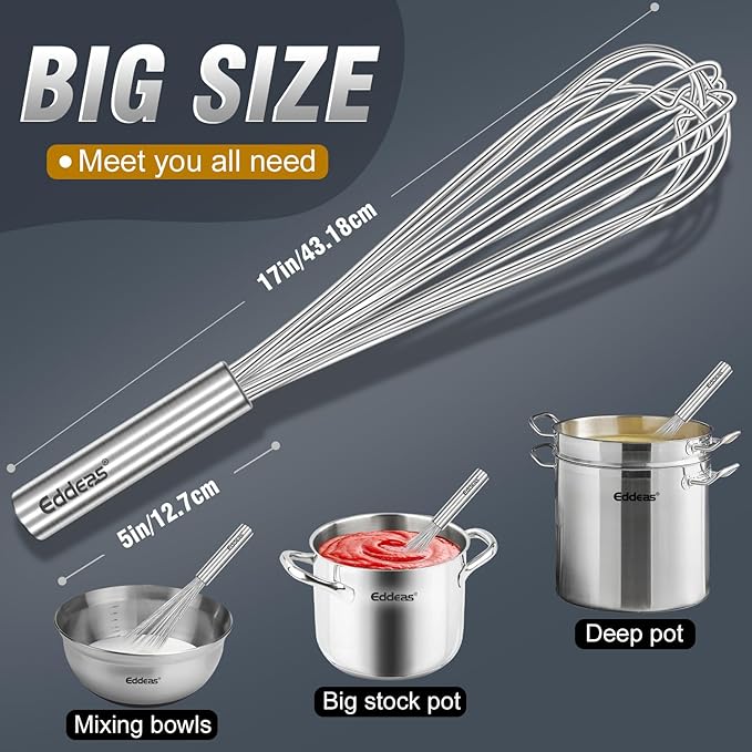 17in Large Whisk,Heavy Duty whisk, Stainless Steel whisk Suitable for Mixing Thick batter, Dry Ingredients and Seasonings.Accessories for professional commercial kitchens.