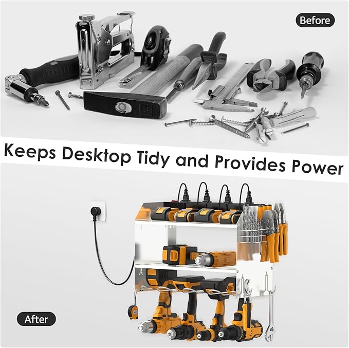 CCCEI Modular Power Tool Organizer Wall Mount with Charging Station. Garage Drill Storage Shelf with Hooks, Heavy Duty Rack, Tool Battery Holder Built in 8 Outlet. Gift for Men. Silver, 1 Pack.