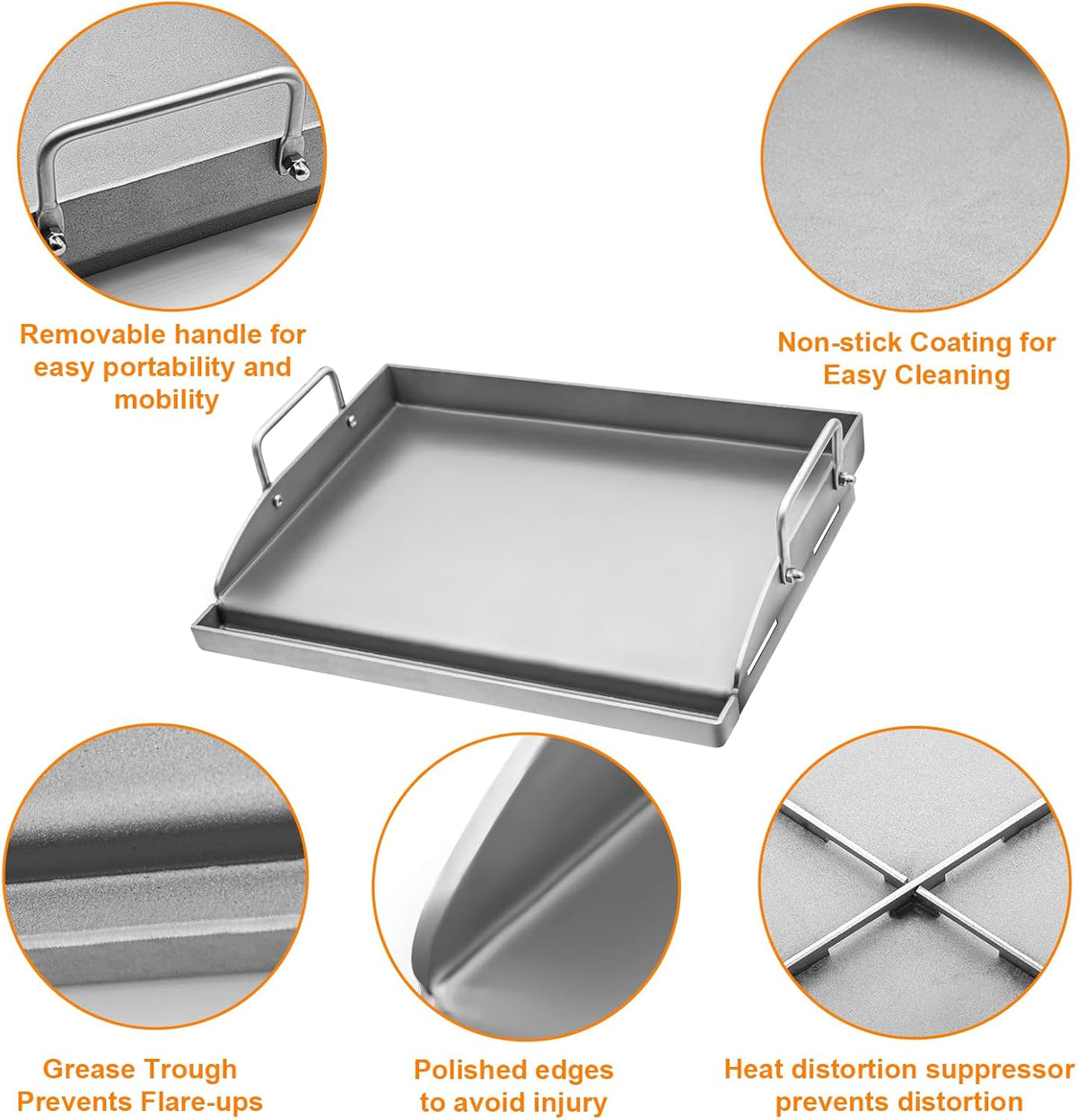 ABYDA Universal Stainless Steel Cooking Griddle, Heavy-Duty 4mm Flat Top Plate Insert with Grease Groove and Removable Handles,Premium Nonstick Coating for Gas/Charcoal/Stove, 17"x13"