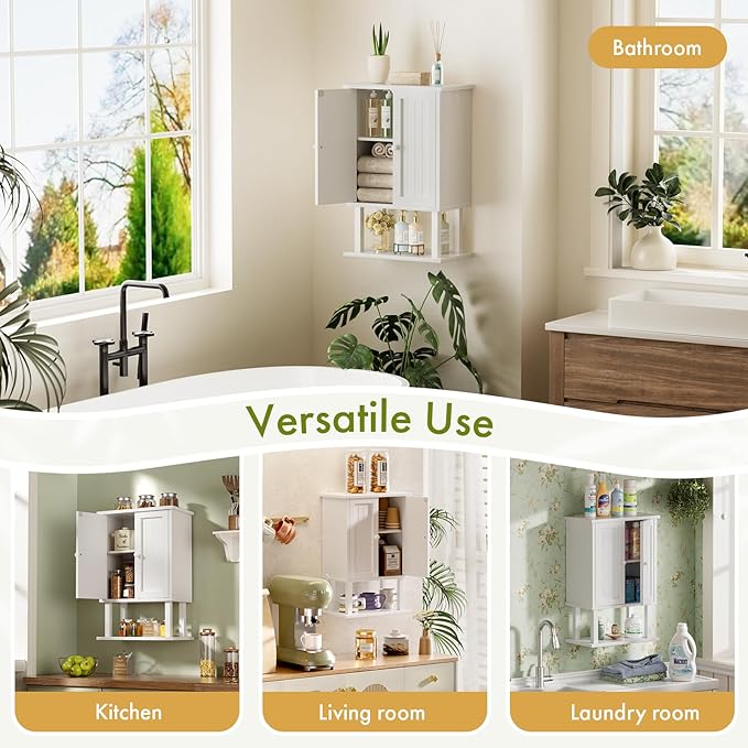 AmazerBath Bathroom Wall Cabinets, Bamboo Over The Toilet Storage Cabinet with Adjustable Shelves, Wall Mounted Medicine Cabinets with 2 Doors for Small Spaces, White, 9.0 x 15.7 x 23.8 Inches