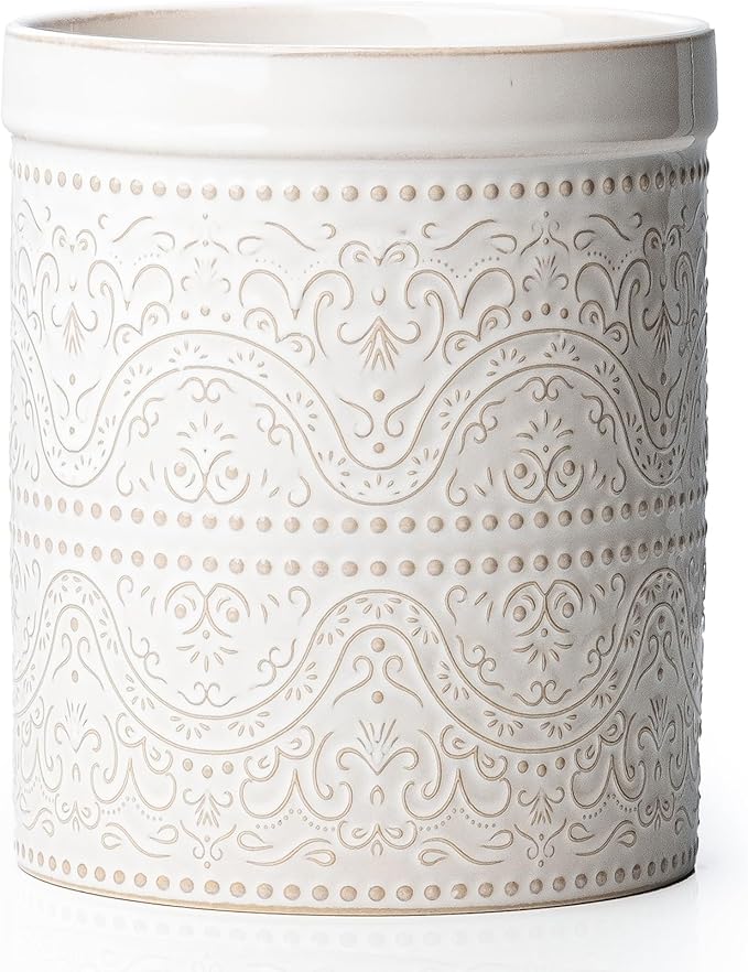 Kitchen Utensil Holder, 7 Inches Large Ceramic Utensil Holder for Countertop, Lace Emboss Cooking Utensil Crocks for Kitchen, Home Decor, Off-White