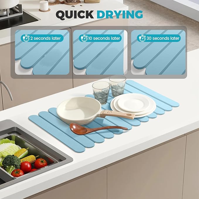 Extral Large Quick Dry Stone Drying Mat for Kitchen Counter,28"(L)x16"(W) Collapsible Eco-Friendly Absorbent Diatomaceous Earth Mat for Dishes Cups,Dish Drying Mats (Blue-Ellipse, 28x16 inch)