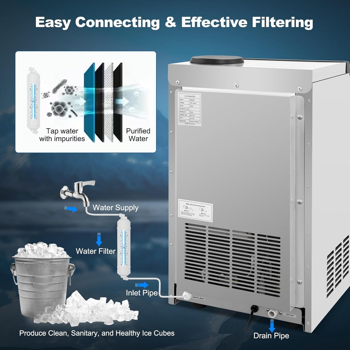 Commercial Ice Maker Machine 100Lbs/24H with 2 Water Inlet Modes, 36Pcs Ice Cubes in 8-15 Mins, Stainless Steel Under Counter/Freestanding Ice Machine with 24Lbs Storage Bin for Home/Shop/Office/Bar