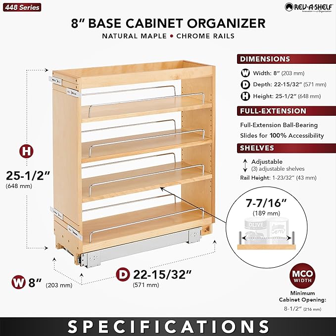 Rev-A-Shelf 8" Pullout Kitchen Cabinet Storage Organizer Slide Out Pantry Spice Rack with Adjustable Shelves for 8.5" W Cabinet Opening, 448-BC-8C