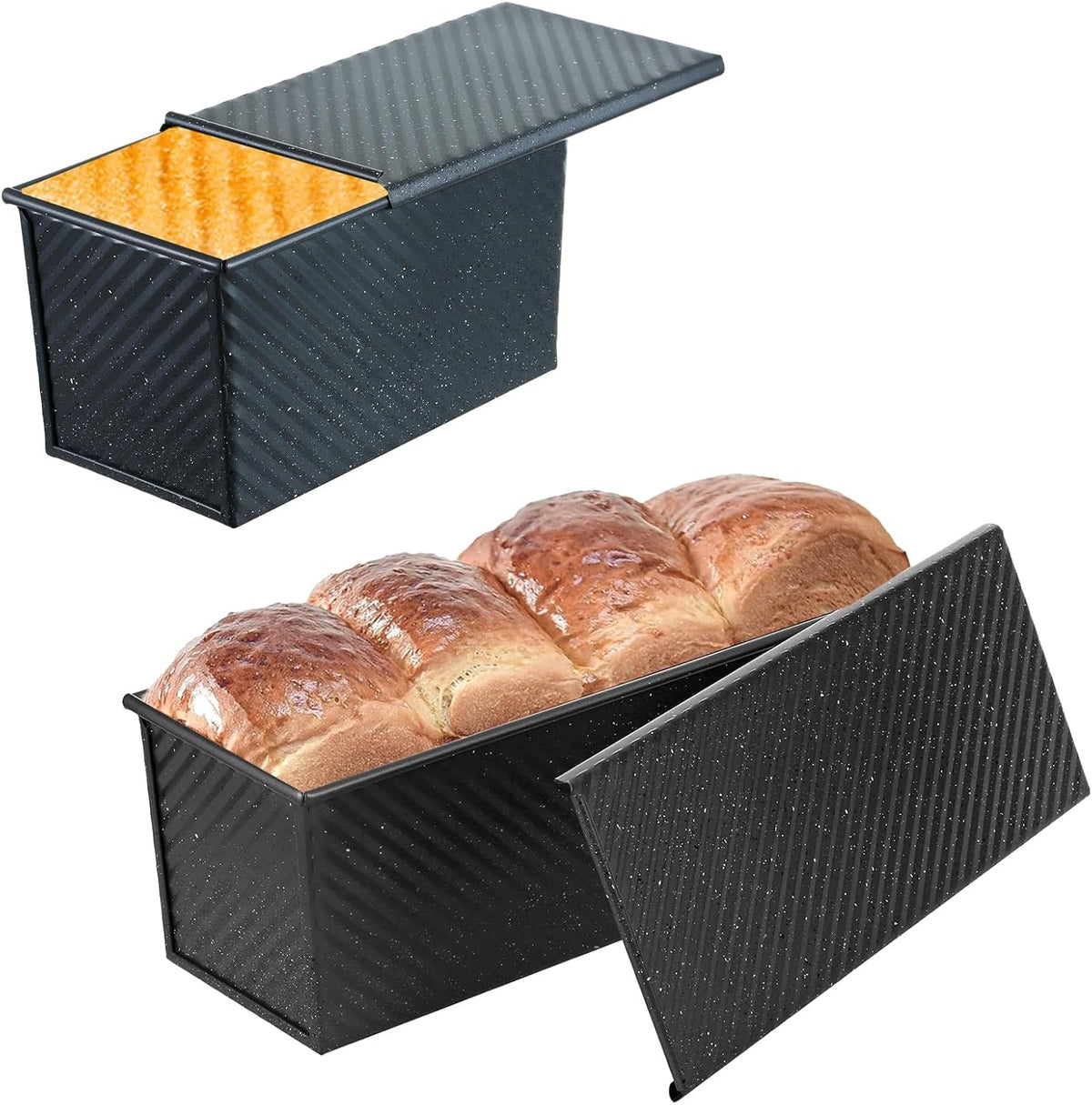 SS&CC Pullman Loaf Pan with Lid 2-Pack, 2.2lb & 1lb Carbon Steel Bread Pan for Homemade Sourdough & Sandwich Bread | Nonstick Bakeware, Heavy Duty & Easy Clean (Black, 1lb+2.2lb)