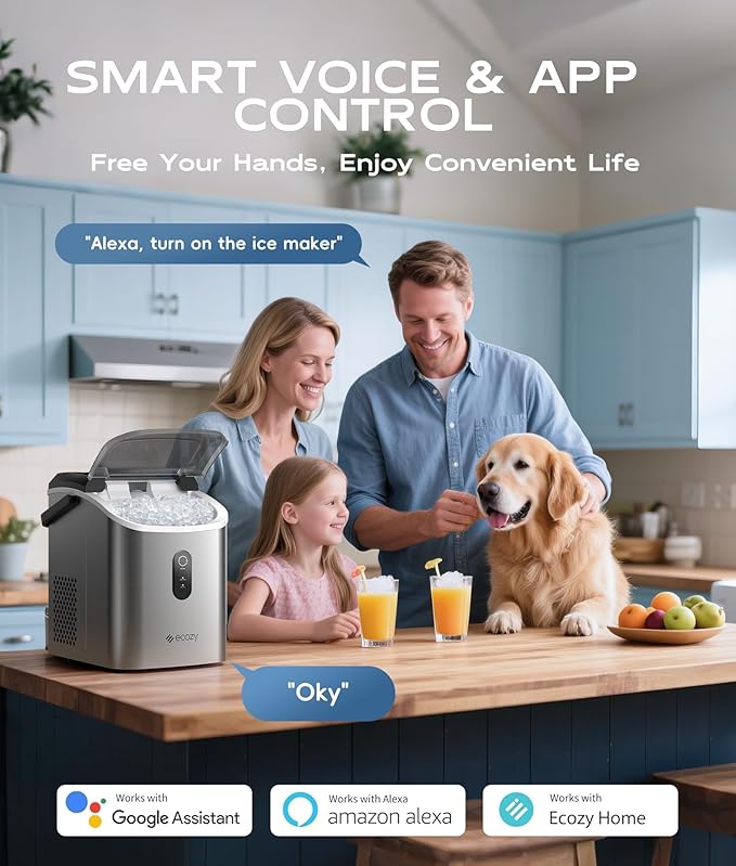 ecozy Nugget Ice Maker Countertop, Smart Portable Crushed Ice Maker with Voice Control, Pellet Chewable Ice 33lbs/24H, Self-Cleaning, with APP WiFi, Timer Function and Status Alerts, Bonus TDS Meter